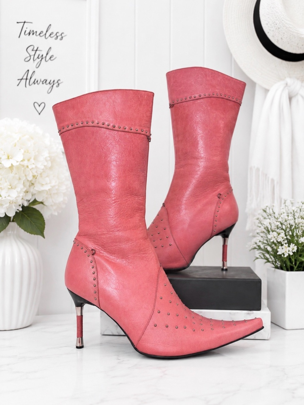 LEATHER BOOTS Pink Leather Boots w/Gold Toned Rivet Accents Pointed Toe